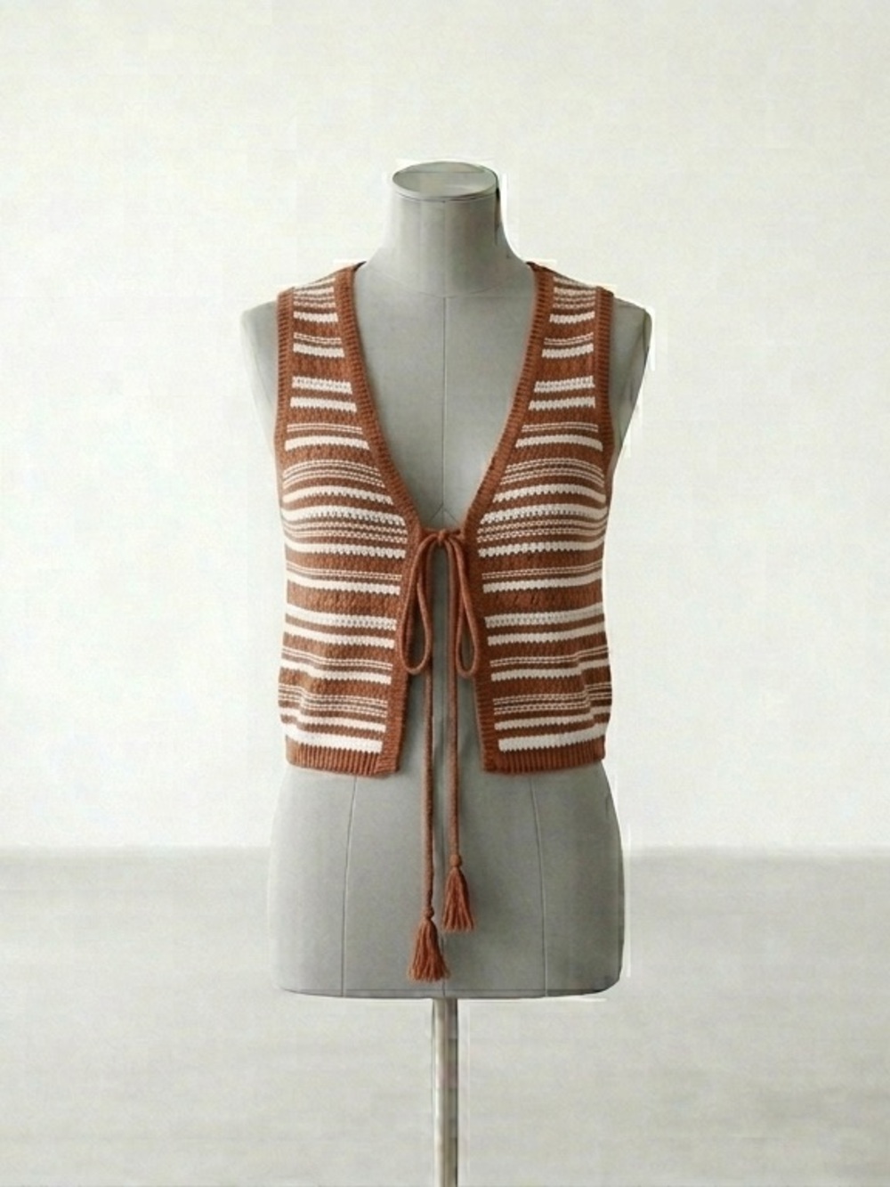Striped Tie-Front Knit Tank Top - Brown & Cream